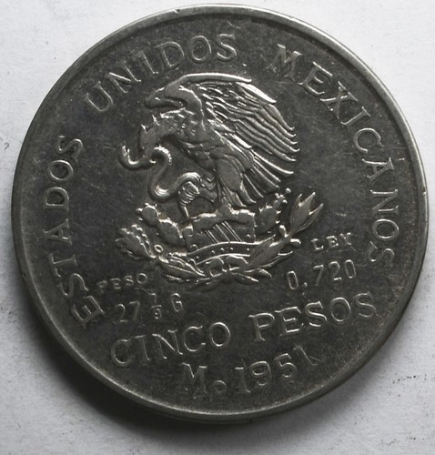 1951 Mexico Estados Unidos Mexicanos 5 Pesos Silver Coin KM# 467 - Picture 3 of 4