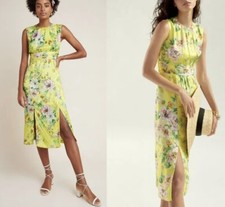 Designer Anthropologie Yellow Silk Floral Midi Dress UK12 EU40 RRP £190 BNWT 💛