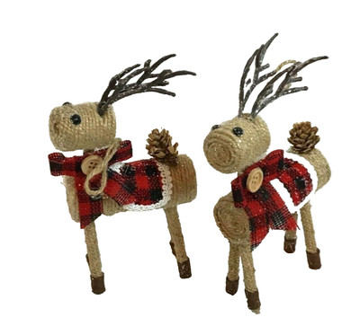 2 REINDEER Christmas Ornaments Farmhouse Sisal Rope Red Buffalo Plaid