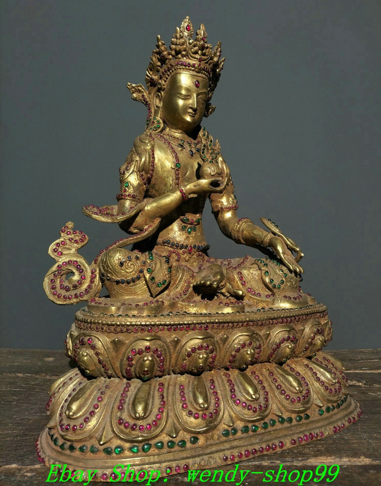 18" DaMing Yongle Marked Old Copper Gilt Gems Green Tara Guanyin Buddha