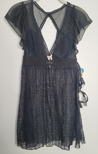 Betsey Johnson Women Small Black Lace Babydoll Dress Panty Set Lingerie Nightie
