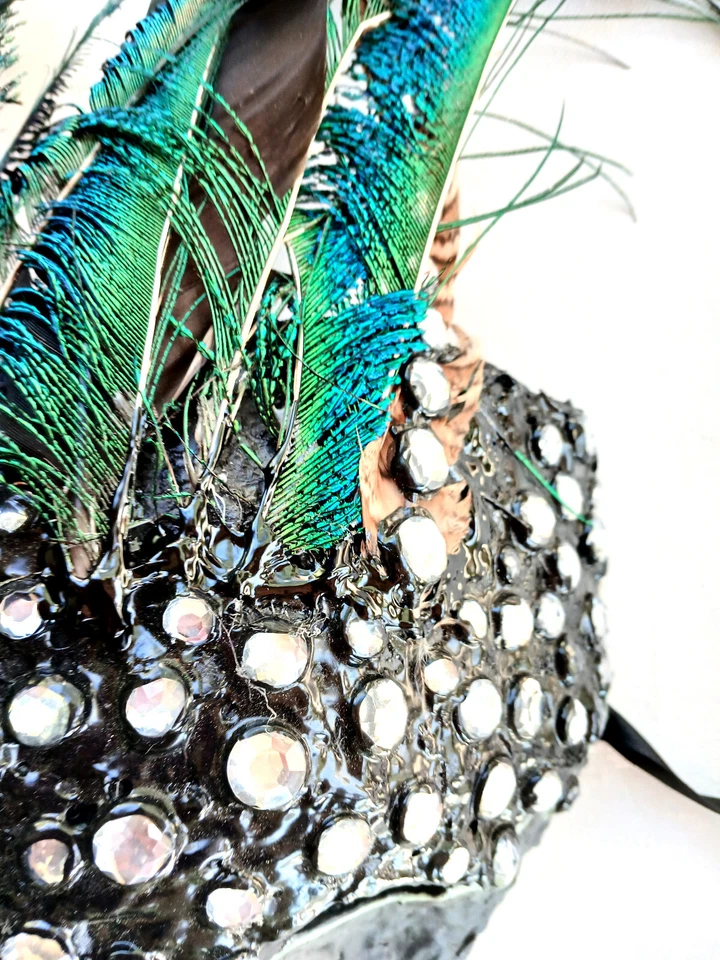 Black Sequin Peacock Feather Mask Handmade One Of A Kind - Image 4 of 4