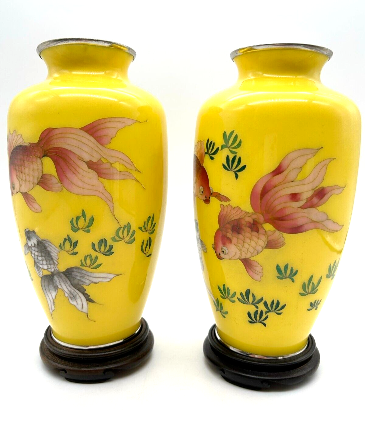 Vintage Pair Of Japanese Cloisonne Yellow Enameled Koi Fish Vases 8