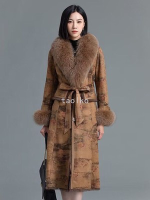 Womens New Rabbit Fur All-in-One Coat Mid-Length Fox Fur Collar Lace-up Slim Fit