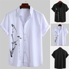 Men's Ink Painting Shirt Casual Slim Shirts Short Sleeve Button Down Tops Blouse