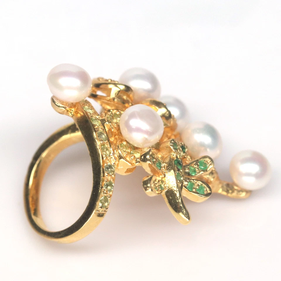 Edelstein 6 Mm. Weiße Perle, Peridot & Tsavorit Ring 925 Sterlingsilber Größe 4 - Bild 3 von 4