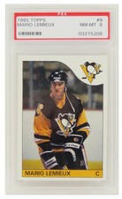 Mario Lemieux (Pittsburgh Penguins) 1985 Topps Rookie Card #9 (PSA 8 NM-MT)(C.)