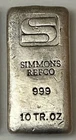 Vintage Simmons Refining 10 Troy Ounce .999 Old Pour Silver Bar