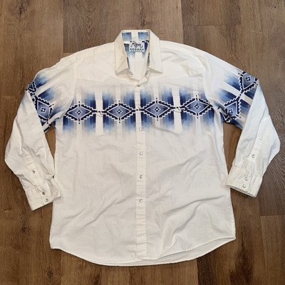 Vtg Roper Pearl Snap Shirt Southwestern AOP Western Cowboy USA Made Mens XL