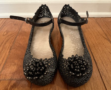 Vintage, black, flower-pattern, wedge-heel shoes
