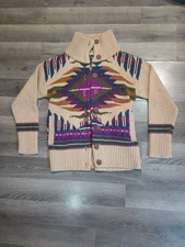Eddie Bauer Hand Knit Shawl Cardigan Sweater M Aztec Southwest Wool Alpaca