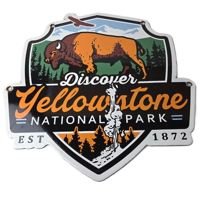 #ad Vintage Yellowstone National Park Porcelain Sign Bison Geyser Shield Sign $142.47