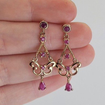 Vintage Ross Simons Gold Vermeil Sterling Silver Ruby Chandelier Dangle Earrings
