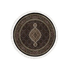 3'5"x3'5" Black Hand Knotted Tebraz Mahi Fish Design Wool 175 KPSI Round Rug
