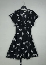 Unique Vintage Dress Womens Large Black Zebra Print Wrap Ruffle Tie Waist Midi