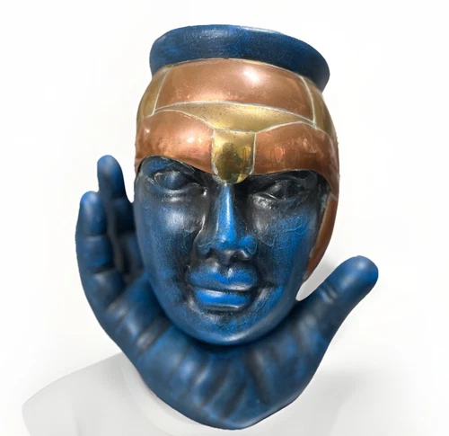 Ceramic Brass Head in Hand Bust Sculpture Vtg Blue God Krishna Annunaki 9.25” T