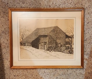 vintage pen and ink drawing of a country barn framed and signed.