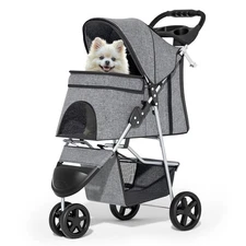 3Wheels Foldable Pet Stroller with Waterproof Cover,Pet Strolling Cart for Small