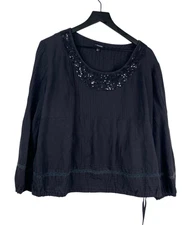 J Peterman Women's Linen Blend Pin tucked Sequins Boho Peasant Top Black Size XL