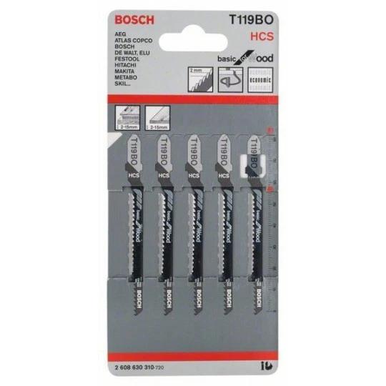 5 Lames scie sauteuse Bosch T119BO 83mm - HCS Coupe Courbe - Bois Contreplaqué - Photo 1/2