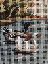 Vintage German Needlepoint Canvas Ducks In Fa...
