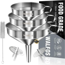 Stainless Steel Funnel, 3 Pack Kitchen Funnel with 2 Removable Strainer ＆ 1Pcs