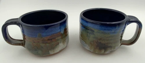 Pair of Signed and Dated Studio Art Pottery Blue Drip Glaze Mugs / Cups