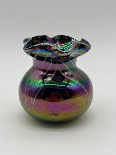 Vintage 4” Cobalt Iridescent Art Glass Bud Vase - Picture 3 of 8