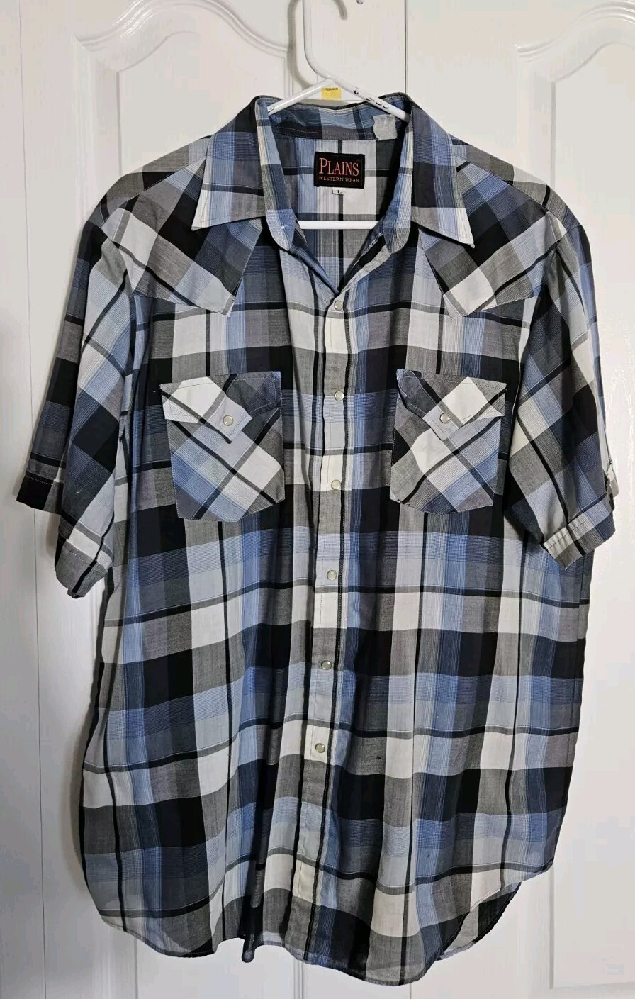 Plains Western Wear Men Size  Large Shirt Plaid Pearl Snap Brown