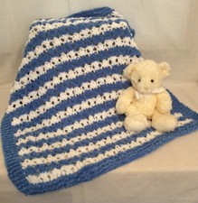 Hand Knitted Cobalt Blue and White Supersoft Chenille Baby/Toddler Blanket