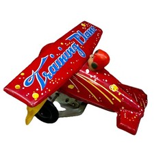 Vintage TRAINING PLANE Wind Up Mechanical Tin Toy Red China ra15 Works See Video