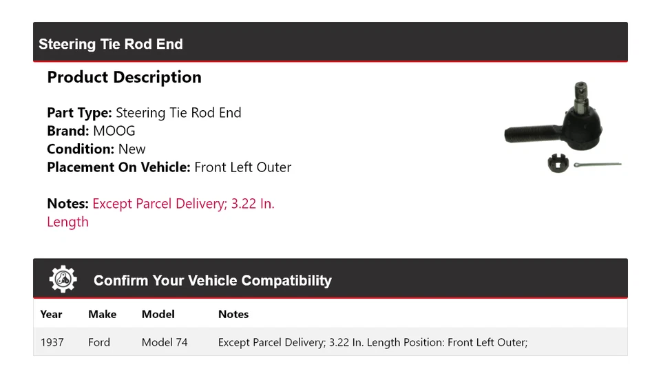 Para Ford Modelo 74 1937 Extremo de barra de dirección delantero izquierdo exterior MOOG Foto 2 de 4