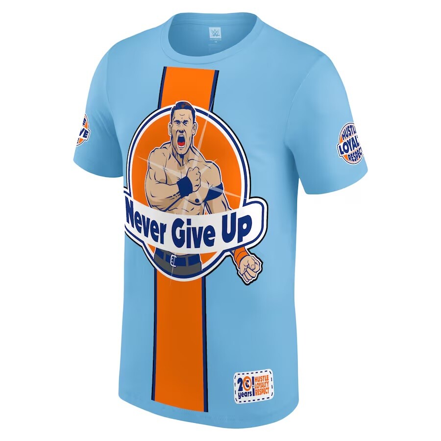 WWE JOHN CENA “NEVER GIVE UP” LIGHT BLUE/ORANGE T-SHIRT OFFICIAL