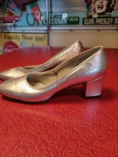 True Vtg Mid-century Modern 1960s Block Heel Metallic Silver Pump Shoes 6.5 MCM