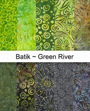 Batik Green River Blue Green Yellow Pur Cotton Fabric HALF-YARD SET ~ 10 Batiks