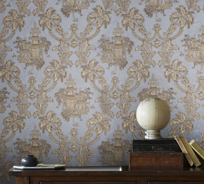 Wallpaper Oriental Scenic Asian pastel Gray Brass Gold Metallic textured floral