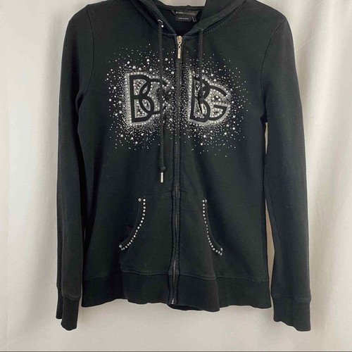 BCBGMAXAZRIA Crystal Silver Beads & Studs Embellished Black Hoodie Zip Front