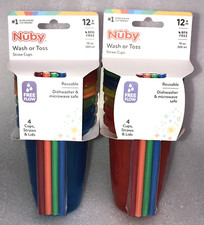 8 - Nuby Wash Or Toss Stackable Trainer 10 oz Cups w/ Lids  Straws - 12 Months 