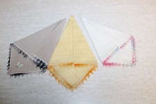 Lot of 3 Vintage UNUSED Handkerchiefs w/Tatted Edges: Beige, Yellow, White