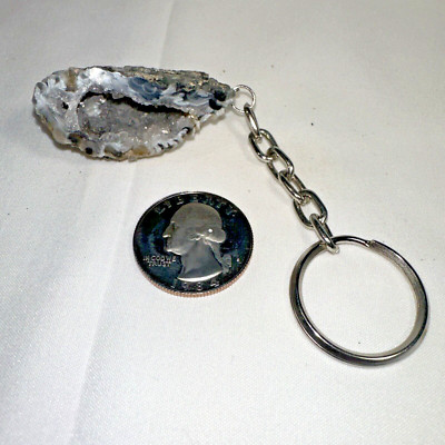 NEW Natural Oco Agate Geode Keychain Key Ring, Half Stone Rock Crystal Mineral