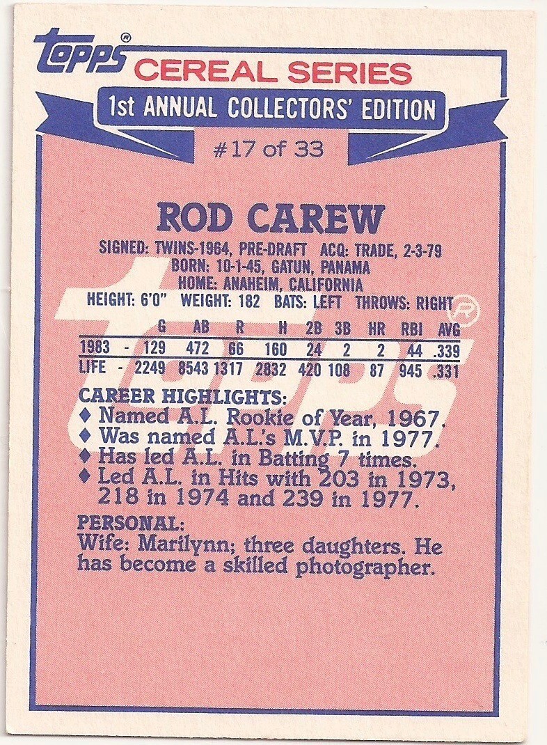 1984 Topps Cereal Series Rod Carew #17 HOF Angels Free Shipping - Picture 2 of 2
