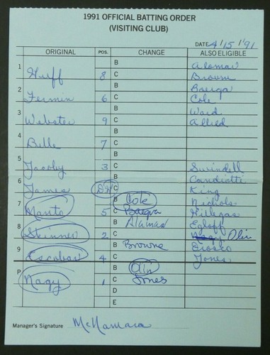 Boston 4/15/91 Baseball Orig Game Used Lineup Cards From Umpire Don Denkinger - Picture 3 of 5