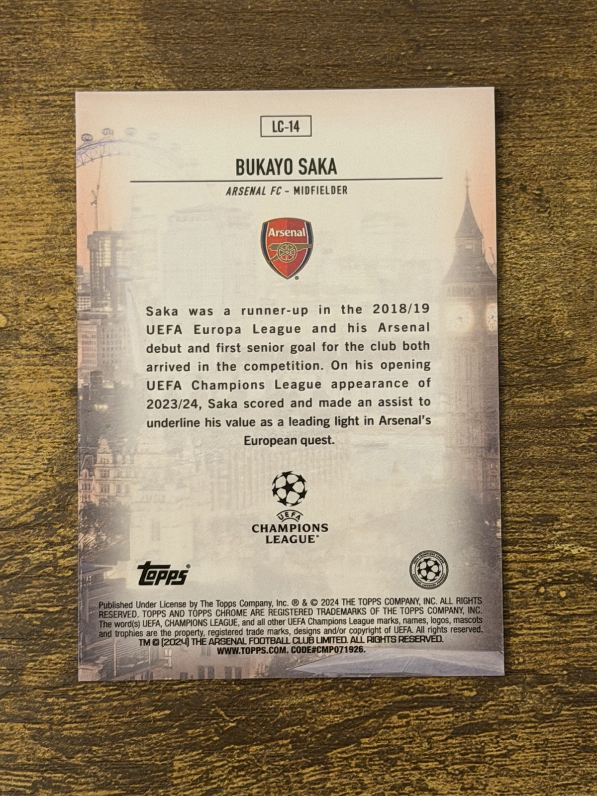 2023-24 Topps Chrome UEFA Bukayo Saka London Calling Arsenal view 2