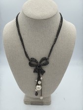 Black Bow Tie Rhinestone Necklace with Dangle Faux Pearls 17  