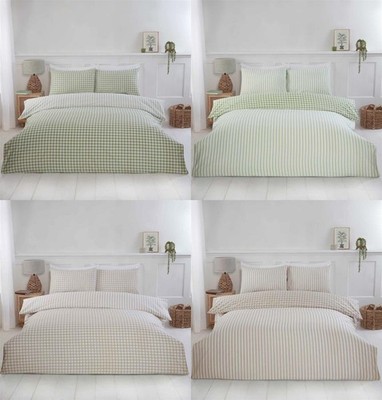Gingham Karo Weiche Streifen Reverse Bettdecke Quilt Cover Set Bettwäsche Natur Grün