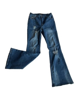 Indigo Rein High Rise Flare Leg Button Fly Distressed  Denim Jeans w/ Holes Sz 9