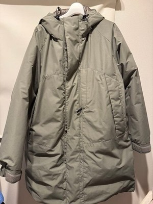 Gray Down Jacket with Hood, Long Length, Pockets, Used