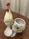 Vintage Red Rooster w Egg Cup On Side Porcelain Floral Broken Tail Tip — photo 3