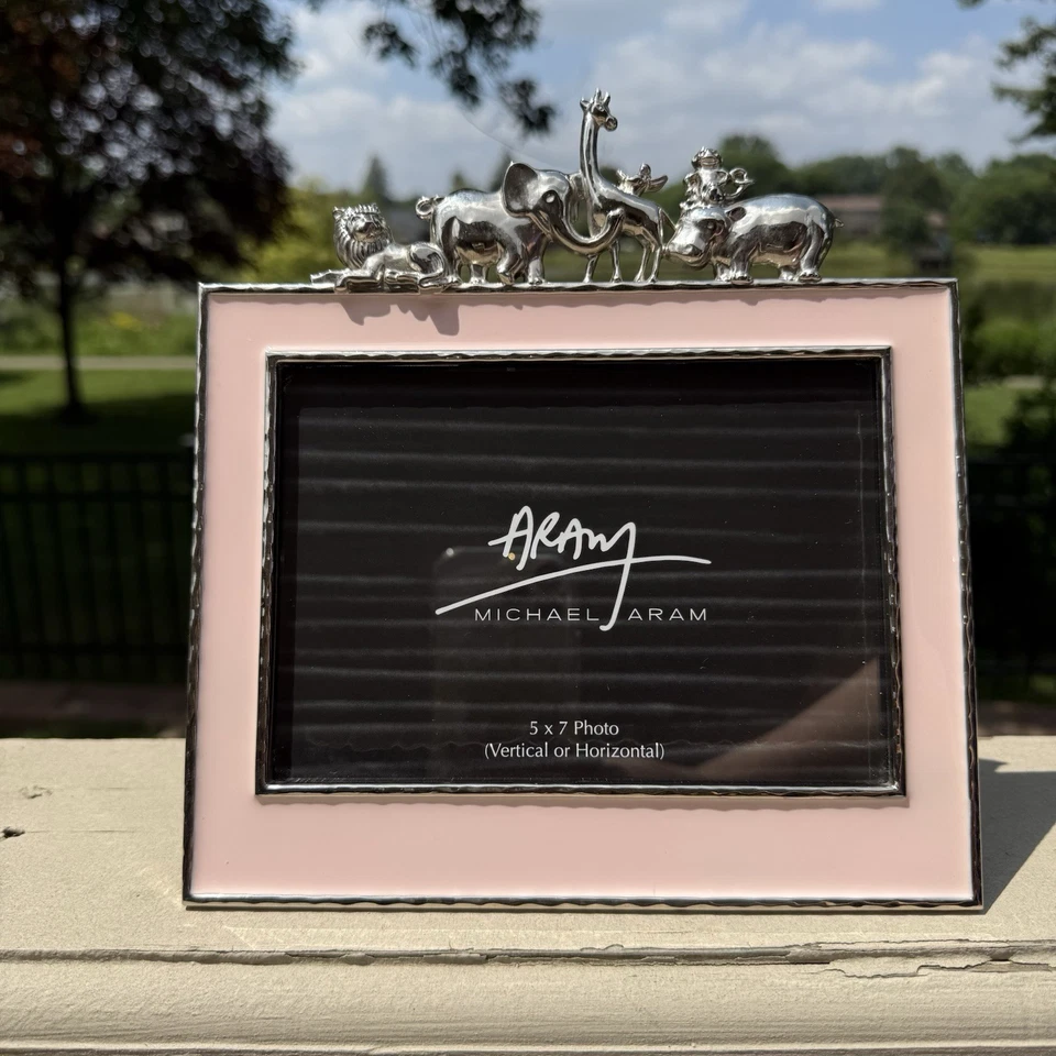 Michael Aram Frame Pink Enamel Metal Elephant Lion Zoo Animals Girl Nursery 5x7” - Image 2 of 4