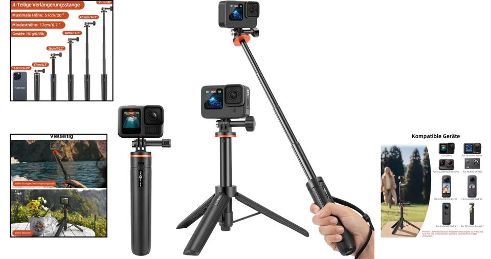 Selfie Stick Stativ für Actioncams 51cm Teleskop Reisestativ Halterung - Bild 2 von 4